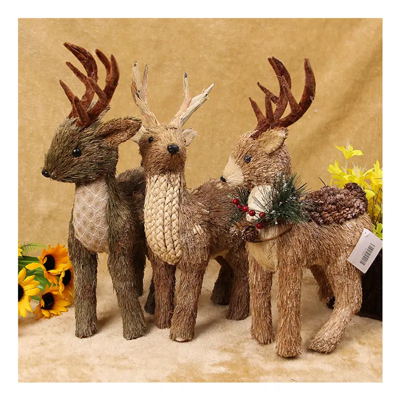 Estatuilla de Reno de paja Natural hecha a mano Navidad interior ciervo de pie decoración del hogar adornos Decoración