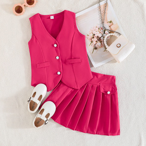 Abbigliamento Estivo per Bambine, Gilet Senza Maniche <span class=keywords><strong>con</strong></span> Scollo a <span class=keywords><strong>V</strong></span> e Bottoni, Gonna Plissettata, Nuovi Vestiti per Bambini all'Ingrosso - Product Image 6