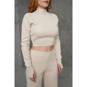 Luna Knit <b>Crop</b> <b>Sweater</b> Set Women's Spandex Cotton Anti-Pilling Straight Cut Pants <b>White</b> - Product Image 2