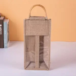 La migliore vendita all'ingrosso di borse regalo Tote Bag Logo personalizzato bottiglia di vino borsa di iuta con manico in bambù sacchetto regalo