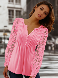 Blusa de Mujer Talla Grande Rosa Vibrante con Manga Farol de Encaje, Cuello V Festoneado, Botones Delanteros y Pliegues, Túnica para Primavera y Otoño - Product Image 2