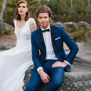 <span class=keywords><strong>Nero</strong></span> con risvolto a scialle blu abiti da uomo blazer per matrimonio da spiaggia Slim Fit da uomo 2 pezzi abito da <span class=keywords><strong>sposo</strong></span> su misura - Product Image 3