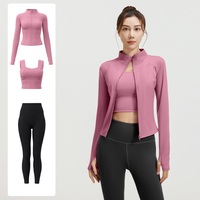 Ensemble 3 pièces de vêtements de sport pour femme, motif écossais, effet seconde peau, séchage rapide, avec veste zippée à taille haute et design avant sur la taille