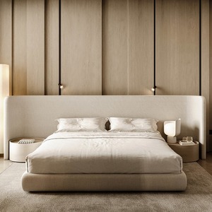 Lit rembourré minimaliste avec tête de lit large à ailes, taille King Queen, cadre de lit plateforme en tissu lin, style Japandi scandinave, OEM - Product Image 3