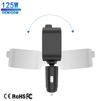Chargeur de voiture rapide 125W PD PPS SCP avec tête rotative à 360 degrés, câble Type-C rétractable intégré, résistant au feu, pour montres intelligentes et téléphones