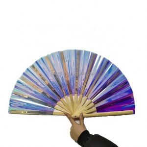 Abanico Plegable Holográfico de PVC Iridiscente Grande, Abanico de Mano de Bambú Pintado para Decoración de Fiestas de Baile, Regalo Promocional 2024, Disponible en Stock - Product Image 4