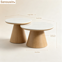 Table basse ronde de haute qualité avec plateau en marbre blanc et base en bois massif, table de salon moderne