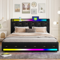 Lit plateforme luxueux en velours avec deux enceintes sans fil intégrées, station de charge, éclairage RGB et rangement sur roulettes