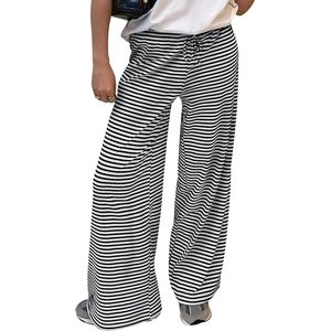 Pantalones Anchos a Rayas para Mujer, Cintura Media, Elásticos con Cordón, Pantalones Deportivos Holgados con Bolsillos, Transpirables, de Algodón y Elastano - Product Image 1