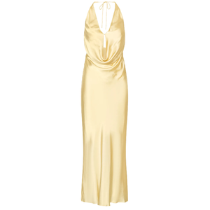 Vestido Largo de Satén Amarillo para Mujer 2026, Cuello Halter, Escote Profundo en V, Lazo en la Espalda, para Invitadas de Boda, Damas de Honor, Eventos Formales - Product Image 1