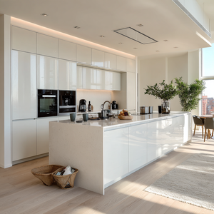 Mobili da <span class=keywords><strong>Cucina</strong></span> Svedesi Minimalisti Moderni VSME con Grande Isola Bianca Lucida, Set Modulare con Lavello, Rubinetto e Cerniere - Product Image 6