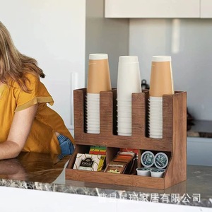 Wooden Cup Storage Box For Coffee Tea Shops Desktop Organizer With compartments For Cups And Packets - Product Image 2