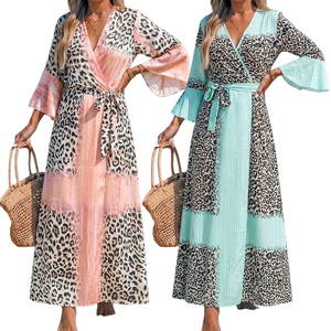 BYJ002 Robes d'été tendance pour femmes, décontractées et élégantes, imprimées léopard, col en V, manches évasées, à lacets, <span class=keywords><strong>robe</strong></span> longue ajustée, <span class=keywords><strong>plage</strong></span> - Product Image 1