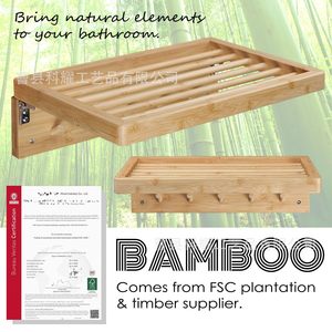 Wall Mounted Foldable Wooden Towel Rack Solid Wood Storage <b>Shelf</b> With <b>Hooks</b> For Bathroom Use - Product Image 2