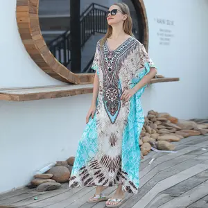 PZ quente verde pena impressão solta plus size robe praia vestido biquíni sol proteção camisa