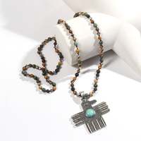 Collier vintage bohème ethnique en pierre naturelle de 6 mm avec nœud en verre, pendentif en turquoise argenté antique en forme d'aigle
