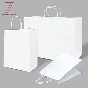 Bolsa de papel kraft personalizada, bolsa de papel de compras respetuosa con el medio ambiente, de regalo, reciclable, blanca, con mango ancho, barata