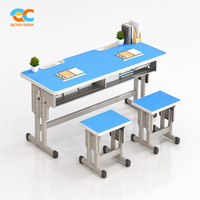 Pupitre scolaire double avec tabouret 120x45cm, hauteur réglable, avec étagère à livres, bleu grain de bois, chaises et tables scolaires CE EN71