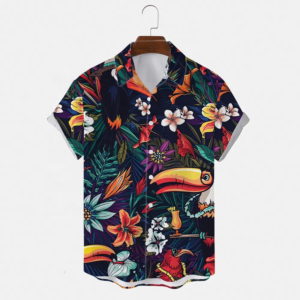 Summer Custom Design Print Beach Wear Polyester Collar Short Sleeves Men's Hawaiian Shirt
