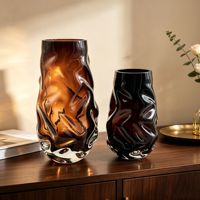 Vase en verre ambré dégradé ondulé soufflé à la main RYLAVA, vase à fleurs en verre texturé irrégulier pour la décoration de la maison, ornement de table