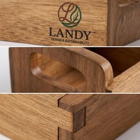 Boîte à sachets de thé Landy en bois d'acacia rustique écologique avec poignées, gravée, 3 compartiments, boîte de rangement ouverte pour café, vente en gros
