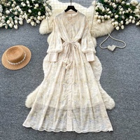 Robe chemise midi élégante rose brodée pour femme, coupe trapèze, manches longues, col à revers, ceinturée, pour le quotidien