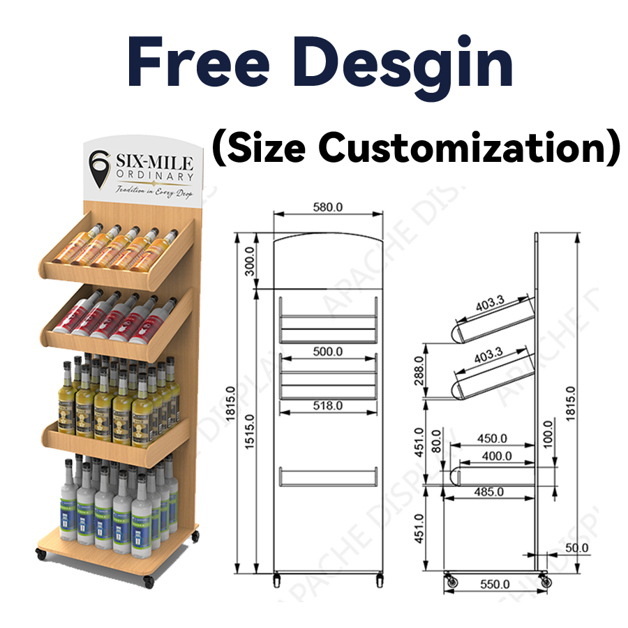 Apache Custom Modern 4-Tier for Floor Standing Beverage Display Stand Portable Rolling Wooden Bottle Rack Liquor Wine Retail — view 3