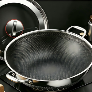 <span class=keywords><strong>Wok</strong></span> en acier inoxydable 304 soigneusement sélectionné, deux poignées, revêtement alvéolé double face, grand diamètre, fond plat pour induction - Product Image 3