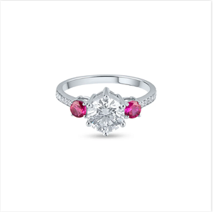 Anillo de compromiso de diamantes de corte ovalado de rubí de lujo con gemas de acento de ajuste de HALO y banda de boda para damas de la India - Product Image 2