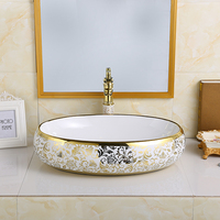 Vanité dorée de luxe, Lavabo de Table en céramique, Lavabo ovale d'art électroplaqué salle de bains, évier