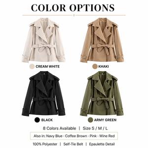 Manteau trench court ceinturé pour femme, col à revers large, ceinture à nouer, <span class=keywords><strong>épaulette</strong></span>s, 8 couleurs, tailles S-L, vêtement d'extérieur printemps - Product Image 1