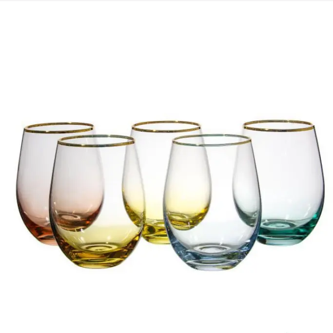 Copas de vino de color personalizadas, vaso de vino sin tallo con borde dorado, 20 oz