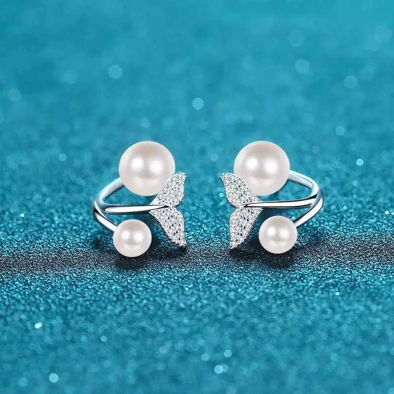 Hợp thời trang 925 Sterling Silver bạc Nàng Tiên Cá đuôi bông tai với nước ngọt ngọc trai, moissanite và Đá quý