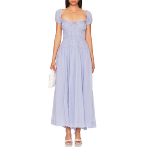 2024 Lady Stylish Cotton Long Puff Sleeve A-line Spaghetti Strap Bow Tie Neck <strong>Maxi</strong> Casual Backless <strong>Dress</strong> Summer Woman Clothing - Product Image 5