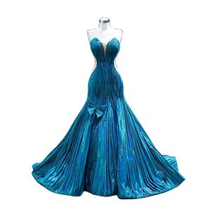 Lüks ayrılabilir pelerin uzun kabarık kollu mavi Rhinestones boncuklu balo abiye - Product Image 1