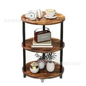 Retro Round Wood Iron Storage Shelf 3 Tier <b>Sofa</b> Side Table Multipurpose Living Room Furniture - Product Image 2