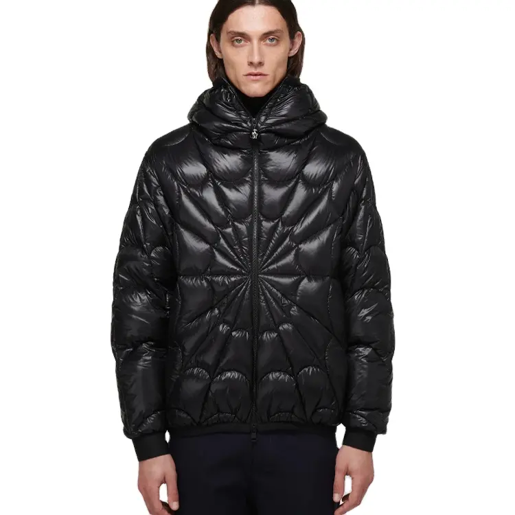 OEM men's black spider down filled nylon custom high quality graphic pattern quilted puffer jacket