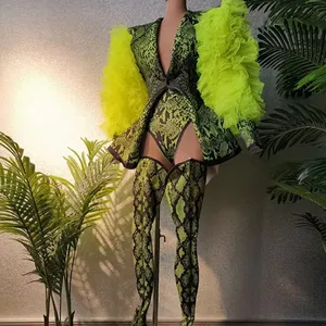 Ford Fiesta Green Snake Print Ruffles Long Sleeve Exotic Dancewear Stripper Outfit Sets Women Carnival Club Gogo Dancer Costumes