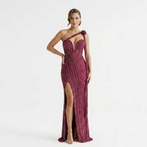 Burgundy Wine <b>Red</b> Beaded Maxi Evening Gown One Shoulder Strap 3D Rose Applique Deep V Neckline High Slit Fitted Mermaid Satin - Product Image 3