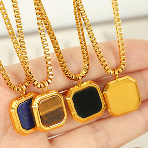 Collier Pendentif Carré Géométrique en Acier Inoxydable avec Lapis Lazuli, Œil de Tigre et Agate Noire Sertie en Bezel – Bijou Tendance - Product Image 2