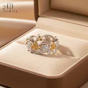 เครื่องประดับทองคำแท้18K แหวนดอกไม้แฟนซีเพชรแท้โบราณดีไซน์ในสีขาวสีเหลืองเครื่องประดับสองโทนสี - Product Image 1