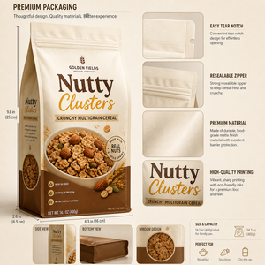 Sachets personnalisés imprimés à huit soudures latérales, de qualité alimentaire, à fond plat et fermeture éclair, pour l'emballage de céréales, d'avoine, de granola, de snacks et de grains - Product Image 3