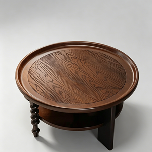 Vintage Round 2-Tier Wooden Coffee <b>Table</b>, <b>Walnut</b> Finish with Spindle Legs for Living Room - Product Image 4
