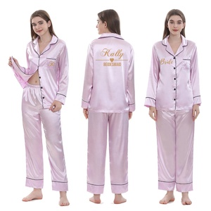 Logo personalizado para mujer, novia, dama de honor, fiesta, cuello vuelto, conjunto de 2 piezas, pijama de manga larga de satén de seda - Product Image 1