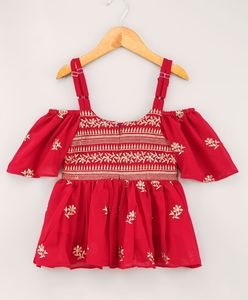 Conjunto Étnico Elegante para Niñas Twisha, Top Bordado con Sharara Bordada en Rojo (6 Meses a 14 Años) - Product Image 3