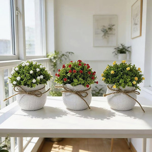 Bonsaï artificiel Paulon Baby's Breath 19 pouces en pot blanc avec nœud en corde de chanvre, style nordique, décoration d'intérieur pour salon - Product Image 1