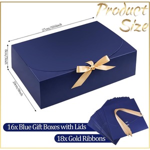 กล่องของขวัญมีฝาปิด กล่องกระดาษคราฟท์สีน้ำเงินแบบพับได้ พร้อมริบบิ้นสีทอง สามารถปรับแต่งได้ตามความต้องการ - Product Image 2