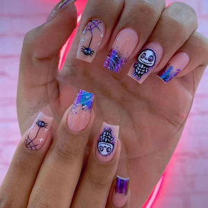 Nueva llegada <span class=keywords><strong>Halloween</strong></span> calavera araña diseño medio ataúd <span class=keywords><strong>uñas</strong></span> postizas <span class=keywords><strong>Halloween</strong></span> acrílico prensa <span class=keywords><strong>uñas</strong></span> para dedos ABS al por mayor - Product Image 1
