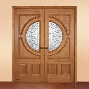 China factory exterior luxury hard solid wood doors modern teak wooden main double door designs with half moon decorative glass