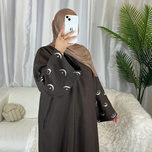 Ramadan EID Custom Embroidered Moon Cuff Abaya New Embroidered Islamic Symbol Moon and <strong>Star</strong> Sleeves Linen Polyester Abaya <strong>Dress</strong> - Product Image 1